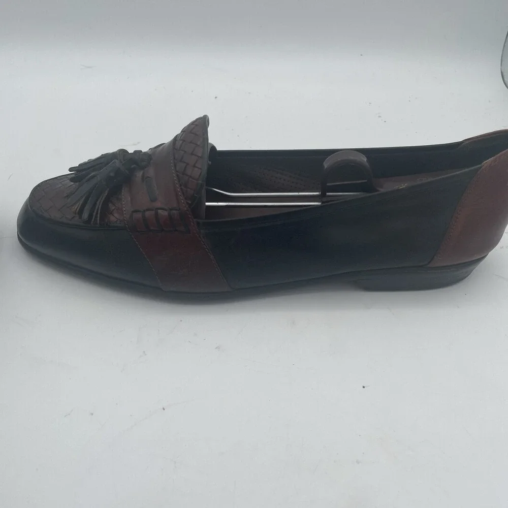 Bragano Mens Shoes Size 10M Black Brown‎ Leather Full Strap Woven Tassel Loafers